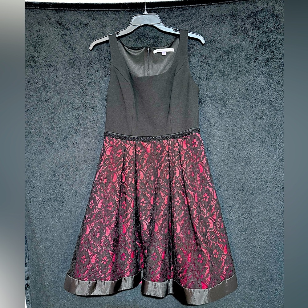 Carmen Marc Valvo Black and Pink Lace Midi Dress